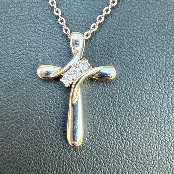 Beautiful Silver Tone Delicate Cross Pendant Necklace with 3 CZ Accents - Picture 7 of 10